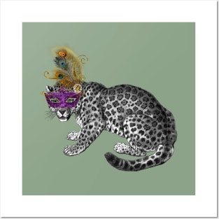 Mardi Gras Vintage Snow Leopard with Mask and Feather Posters and Art